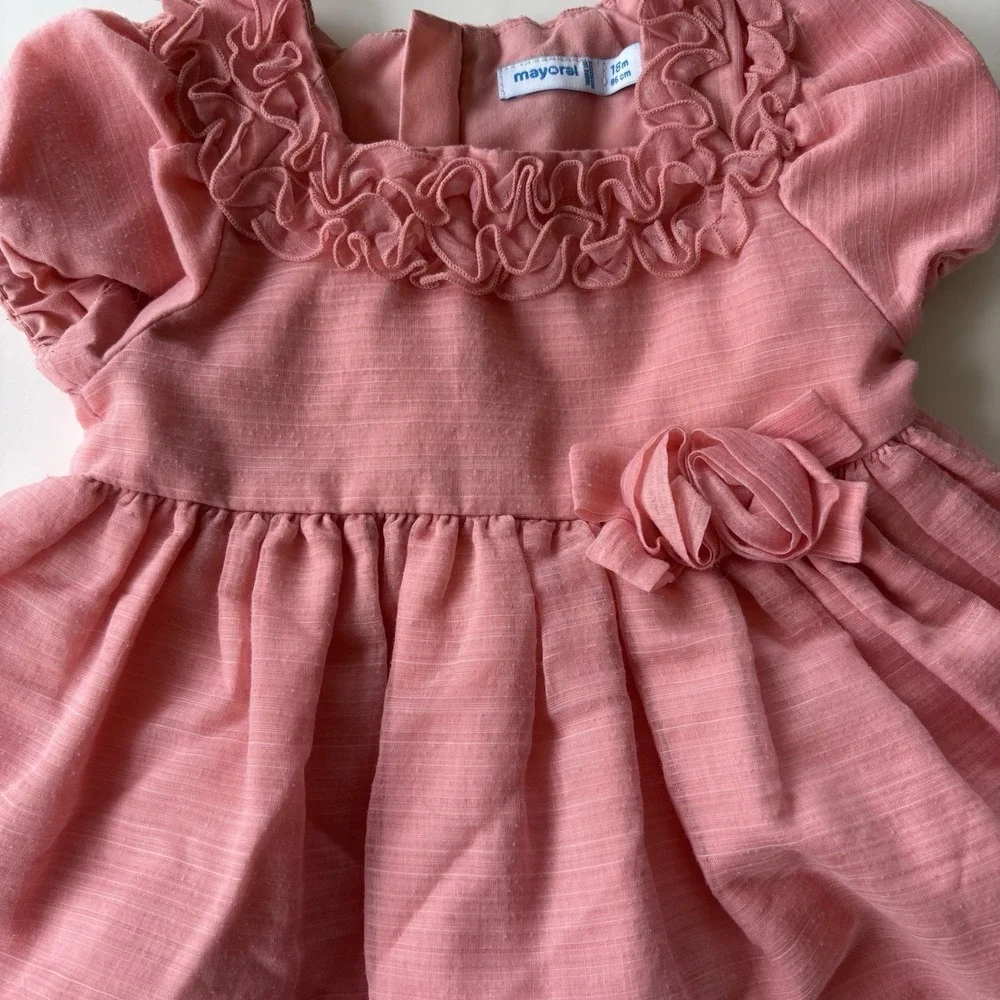 Mayoral Rose Pink Ruffled Square Neckline Dress Girls 12-18 M Easter Party‎